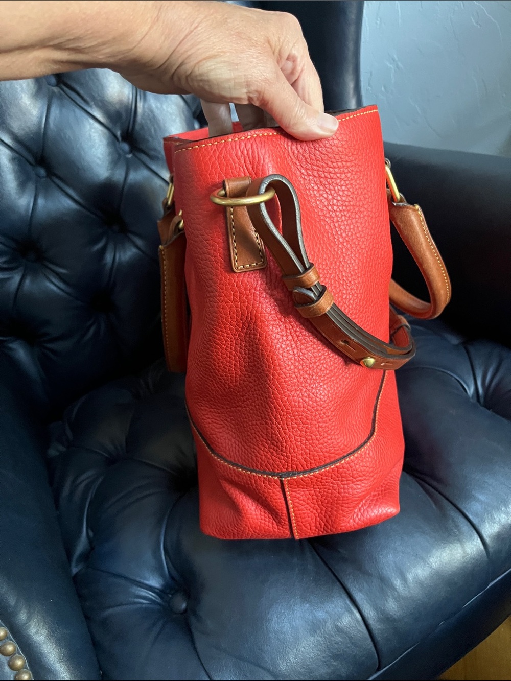 Dooney & Bourke Red Pebbled Leather Satchel with Brown Trim - Picture 6 of 12